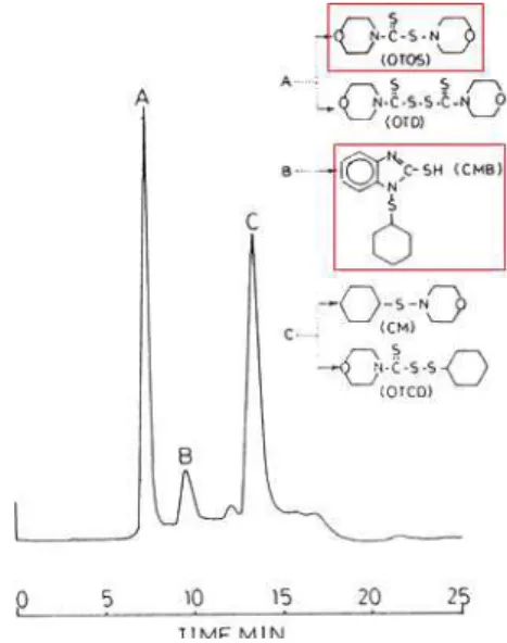 그림 23. Polyisoprene (IR) 가교물의 추출물에 대한 HPLC 크로 마토그램. 