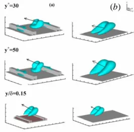 Fig. 8  Vortical structures associated with Q2 event in       the (a) rough wall boundary layer (at III  location) and (b) smooth wall boundary layer
