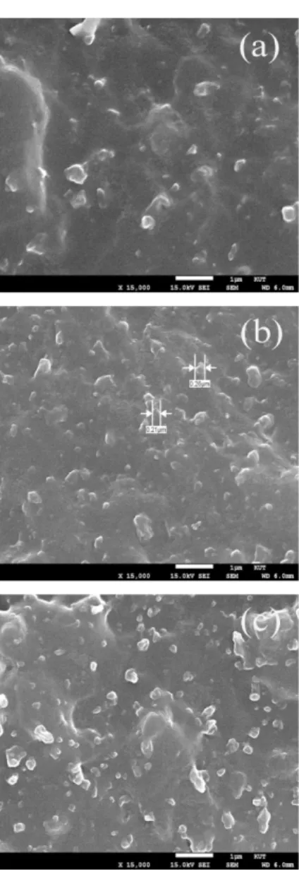 Figure 6. FE-SEM micrographs of composites: (a) ST- ST-g-PBA/SBR,  (b)  ST-g-PMMA/SBR,  and  (c)  ST-g-PS/
