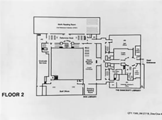 Figure 1. Plan of Berkeley Main Library(2nd Fl.) Main Reference Room in the above, Bancroft Library(Rare Books) 