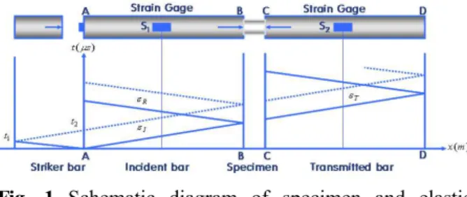 Fig. 1 Schematic diagram of specimen and elastic stress wave propagation for a modified compressive SHPB test 를 이용한 실험기법 2.4 Pulse shaper SHPB 를 사용하지 않는 기존의 실 Pulse shaper SHPB 험기법에서는 입력봉과 시편의 계면 (Front end) 과 시편과 출력봉과의 계면 (Back end) 에 작용하는 응 력의 크기가 다르게 되는