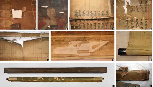 Figure 4. Before the conservation treatment. (a),(b)Tear and missing area of face, (c)Fold, (d),(e),(f)Tear and missing area of in silk, (g),(i)Damaged roll of Top and Bottom, (h) Storage box and scroll painting.