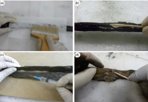 Figure 12. (a) Paraffin removal of surface, (b) Paraffin removal of cross-section, (c) The junction of damaged part, (d) Cracks restore.