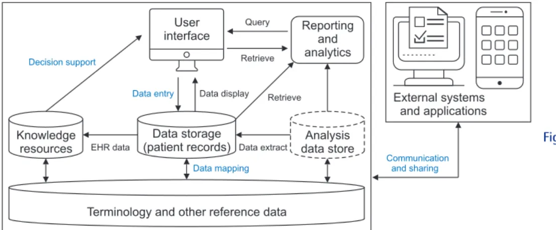 Figure 1 presents the component parts in which SNOMED  CT is implemented in an EHR system and external systems