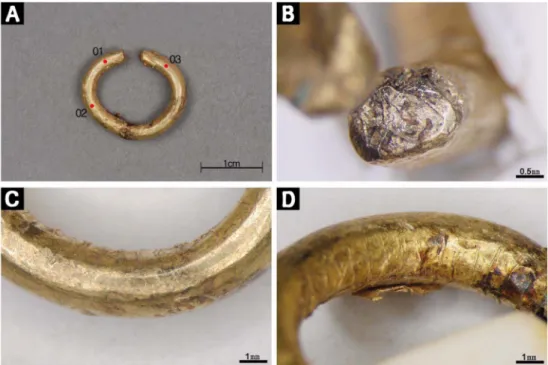 Figure 2. The earring No. 1 from the tomb No. 1-1; (A) Analysis points on XRF, (B) The end piece of earring, (C) The center of ring, (D) Wrinkles at inside ring.