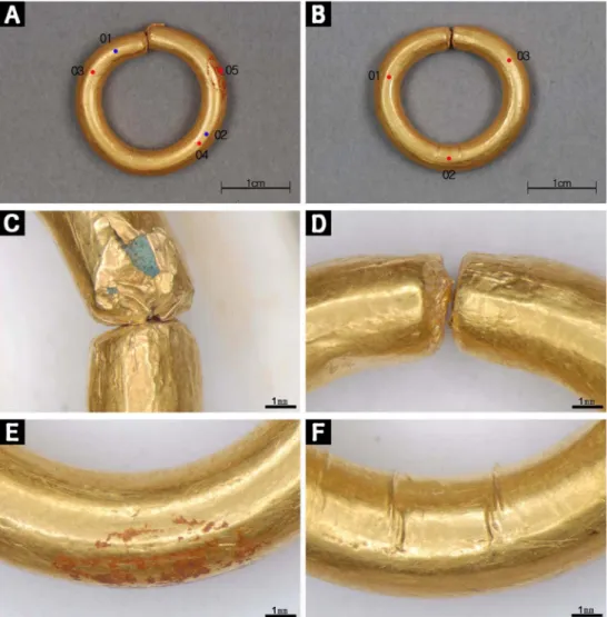 Figure 5. Earrings No.5 and No.6 from the tomb No.2-50; (A) Analysis points on XRF of the earring No.5, (B) Analysis points on XRF of the earring No.6, (C) The end piece of the earring No.5, (D) The end piece of the earring No.6, (E) The surface of the ear