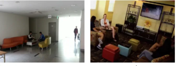 Figure 1. Typical view of university dormitory lounge(S University in  Seoul, left, University of Texas, USA right)