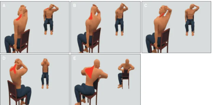 Figure 5.   Exercise program consists of five postures: (A) neck lateral flexion, (B) neck flexion with lateral flexion and ipsilateral rota- rota-tion, (C) neck extension with lateral flexion and contralateral rotarota-tion, (D) neck flexion, and (E) trun