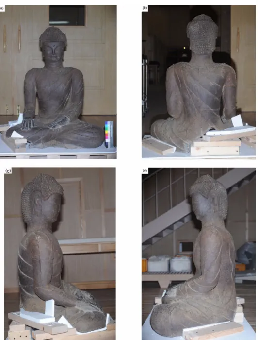 Fig. 2 (a) 의 法衣부분은 전체적으로 표면과 같은 갈 색 부식화합물이 관찰된다 . (b), (c) 의 法衣 결손 부분은 임시 받침대로 고정되어 있고 주변으로 어두운 회색의이물질들이부분적으로관찰된다