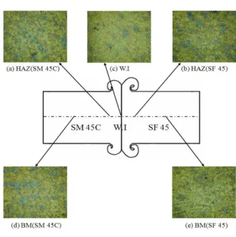 Fig. 9 Optical microstructures of as-welded for SM 45C to SF 45(x200)