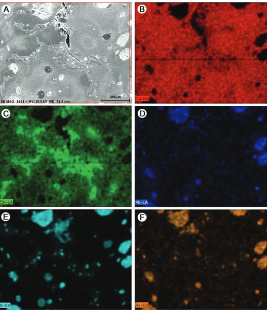 Fig. 9. Component distributions by microstructure of the bronze bell(A) SEM-EDS mapping area(B) Cu(C) Sn