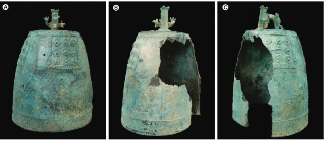 Fig. 1. Before conservation treatment. Front side (A), back side (B), right side (C) of bronze bell