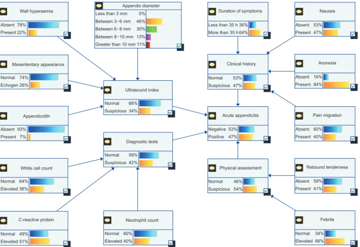 Figure 2.  The structure of the Bayesian network used to model the likelihood of acute appendicitis in children referred for ultrasound  examination—with conditional probabilities set to standard conditions.
