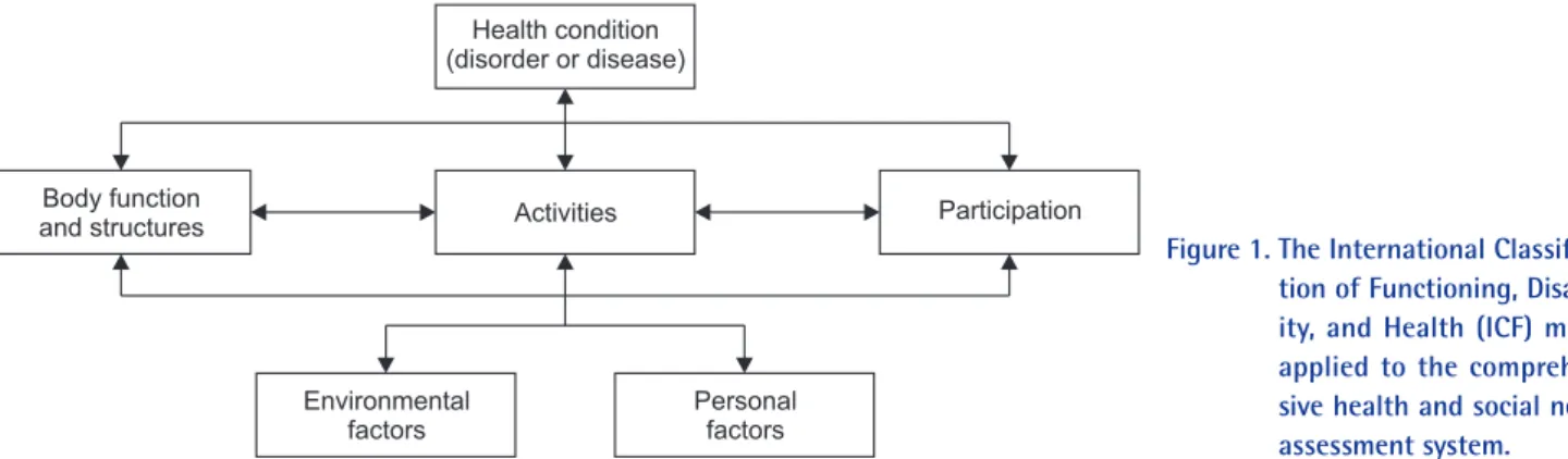 Figure 1.  The International Classifica- Classifica-tion of FuncClassifica-tioning,  Disabil-ity, and Health (ICF) model  applied to the  comprehen-sive health and social needs  assessment system.