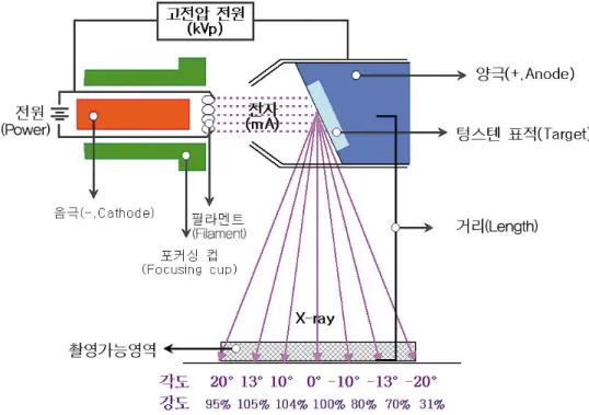 Fig 1. X-ray tube structure chart and X-ray distribution (in case the target has a 20�slope).