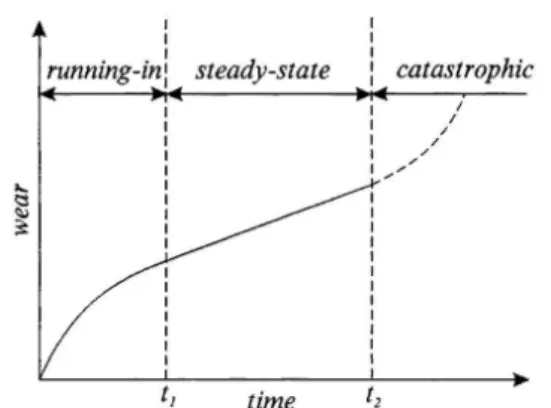 Fig. 1 A typical dependence of wear on testing time (14)