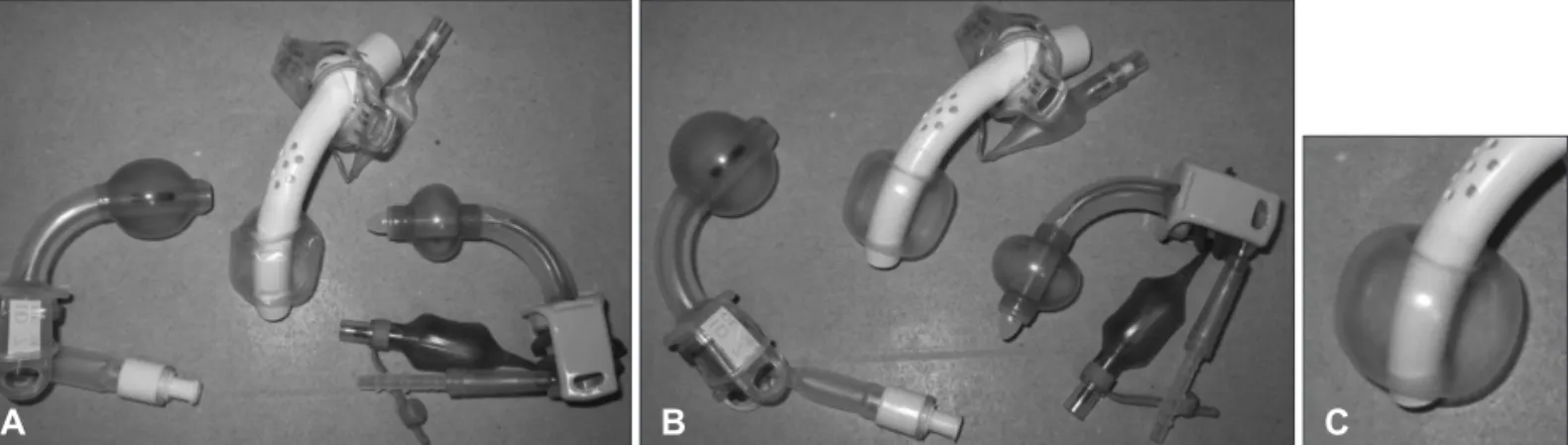 Fig. 1. Various tracheostomy cannulas with variable sized and shaped cuffs. A: Cuffs are inflated with 8 mL of air