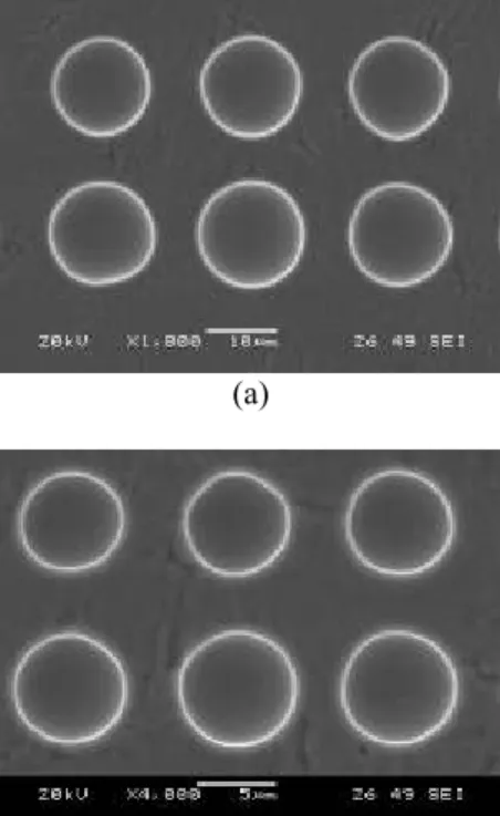 Fig. 12 Micro  blind  hole  shape  array  using  multi- multi-function  electrode  (Φ work   =  0.5  V Ni ,  Φ tool   =  1.2  V Ni ,  applied  voltage:  6.5  V,  pulse  period:  1  µs,  pulse  on-time:  80  ns,  electrolyte:  0.1  M  H 2 SO 4 )  (a) Diamet