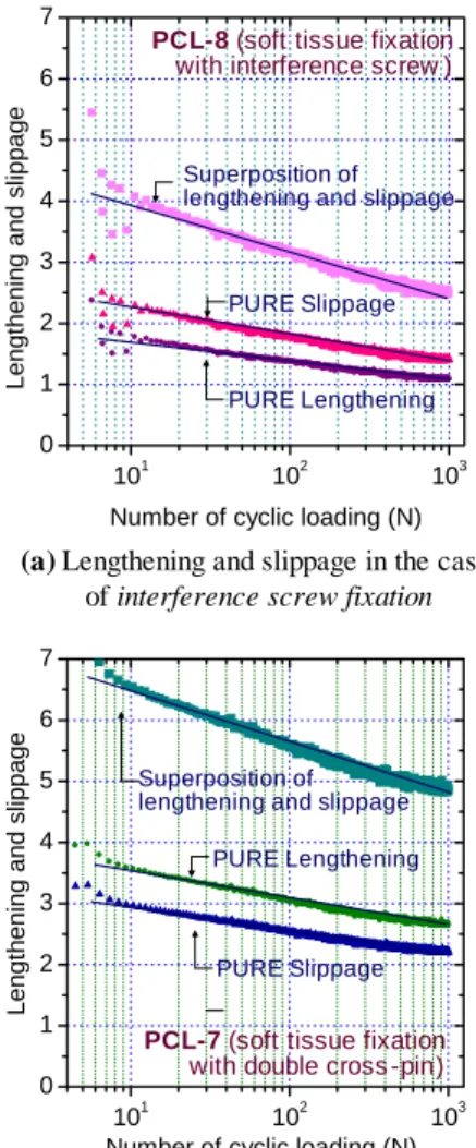 Fig. 9 Superposition of lengthening and slippage of  Achilles tendon and number of cyclic  loading under tension-tension at P max  = 250  N and P min  = 50 N ; (a) interference screw  fixation, (b) double cross-pin fixation under 연부조직  고정법(PCL-7)을  나타낸  것이