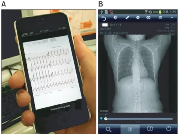 Figure	6.	Laboratory	information	system	and	picture	archiving	and	  communication	system	(PACS)	on	Mobile-Ulsan	Univer-sity	Hospital	Medical	Information	System	(M-UMIS).	(A)	 Patient’s	electrocardiography,	(B)	PACS	on	M-UMIS
