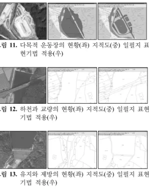 그림 11.  다목적 운동장의 현황(좌)  지적도(중)  일필지 표 현기법 적용(우) 그림 12.  하천과 교량의 현황(좌)  지적도(중)  일필지 표현 기법 적용(우) 그림 13