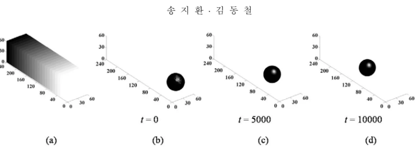 Fig. 2 The evolution sequence of a cell with the diameter of 40. (a) The cell is subjected to the linear chemical gradient  field where  α   is 2.16 mM