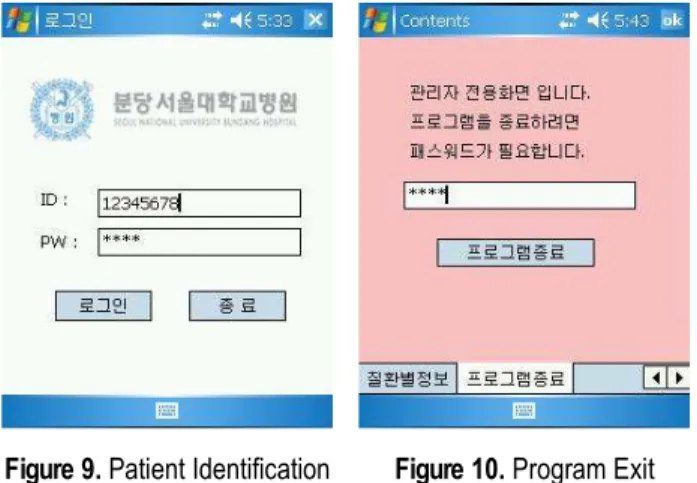 Figure 9. Patient Identification Figure 10. Program Exit 수진자 맞춤형 정보 조회 2. 본 연구에서는 PDA 를 통해 환자에게 다양한 정보 를 제공하여 의료 서비스의 질적인 향상을 도모하였 다 수진자가 