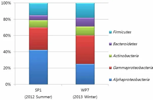 Figure  4.  Seasonal  comparison  among  the  major  bacterial  groups  of  the  cultivable  bacterial  communities  from  the  marine  sponge,  P