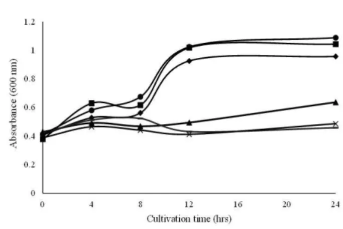 Figure  6. Effect  of  polymer  on  the  growth  of  PWG  in  PD  medium  at  37  ℃ in  CO 2   incubator  for  26  hrs.(● :  Fraction  mixture,  ■ :  Glucosamine,  ◆ :  PWG,  ▲ :  Glutaraldehyde,  ×  :  1  %  mixture,  ━ :  2.8  %  mixture).