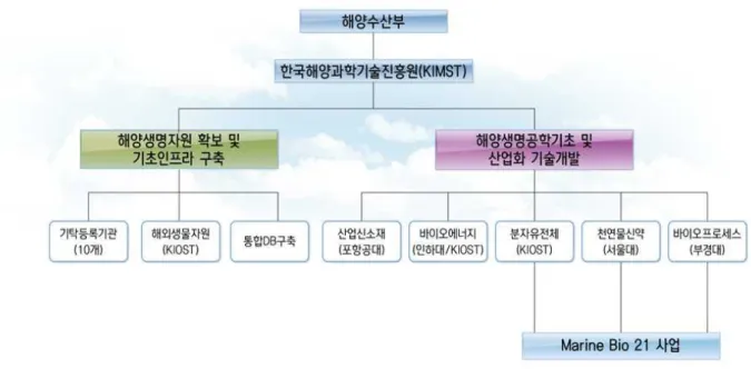 Figure  2.  The  implementation  of  the  Marine  Biotechonology  Development  Project그러나 해양생명공학 사업은 중앙정부의 적극적인 개입 없이는 필연적으로 시장실패 발생이 예상되는 분야이다[9][13][14]