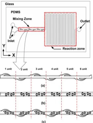 Fig. 1  Schematic of a microbiochip for ligation  reaction; (a) nozzle type, (b) pillar type, (c)  nozzle and pillar type
