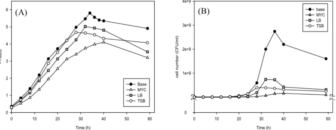 Fig.  3.  Results  of  O.D.  (A)  and  cell  number  (B)  of  PSB  cultured  on  various  media.