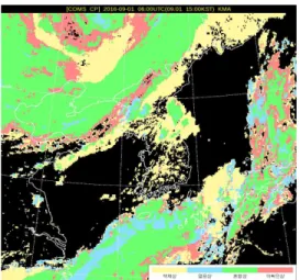 Fig 9. Cloud Phase product using COMS data on 1 September 2016 06 UTC Ⅲ. 결 론 저고도 항공운항의 안전에 중요한 구름예보 서 비스 및 컨텐츠 개발을 위하여 기상청 국지예보 모델의  구름자료를  여러  가지  관측자료와  비교  분석하였다 