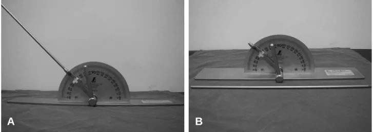 Fig. 1. (A) Goniometer with long pointer targeted to 45�for measuring the pelvic tilt