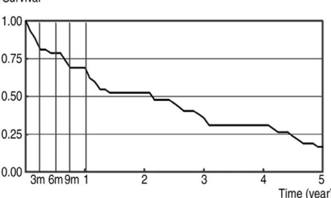 Fig. 1. Kaplan-Meier survival curve of patients following treatment hip fractures in nonagenarians.