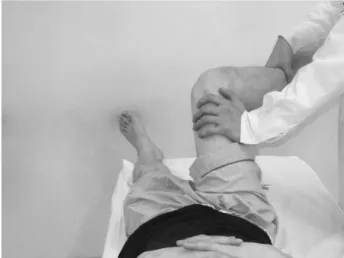 Fig. 1. Hip apprehension test for labral pathology. The patient has pain secondary to anterior labral pathology with flextion, adduction, and internal rotation of the hip joint while supine.