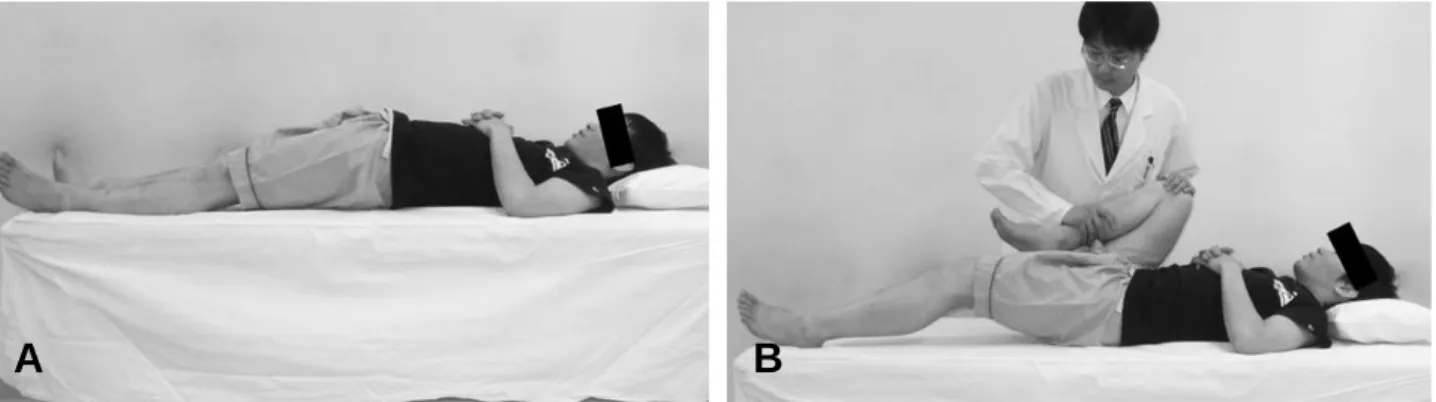 Fig. 2. Hip apprehension test for labral pathology. The patient has pain secondary to posterior labral pathology with extension, abduction, and external rotation of the hip joint while supine.