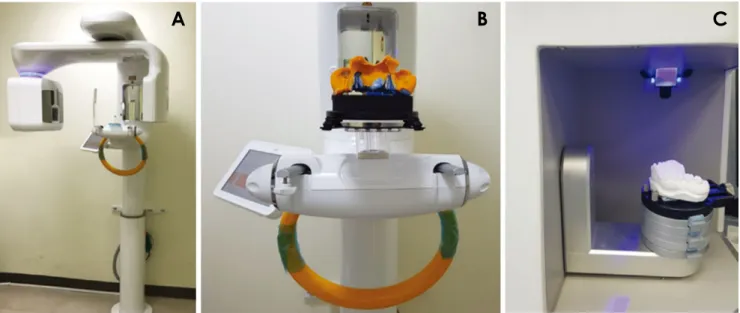 Fig. 1.  The cone­beam computed tomography (CBCT) equipment and model scanner used in this study