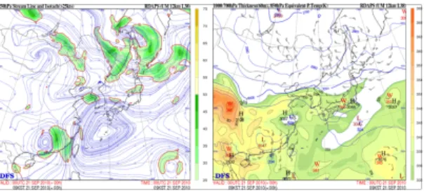 Fig. 9 Stream Line and Isotachs > 25kts at 850hPa(left), 1000-700Thickness and EPT at 850hPa(right) 그리고  풍속  25kts(12.5m/s) 이상의  하층제트가  경기만  부근에  위치하고  있다 