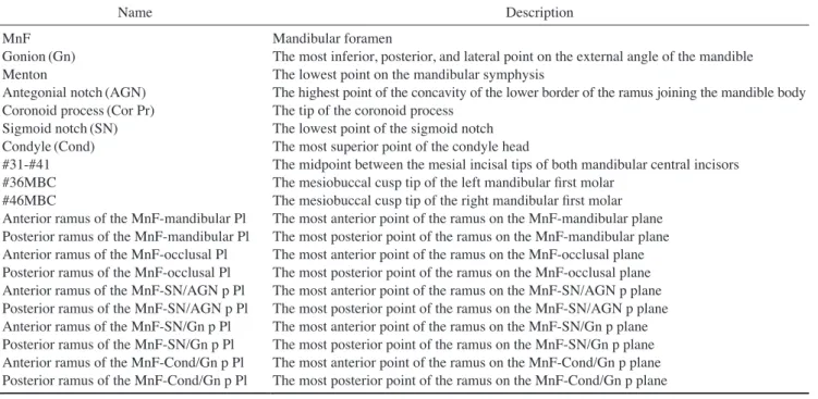 Table 1.  Descriptions of the anatomic points used for the measurements in this study