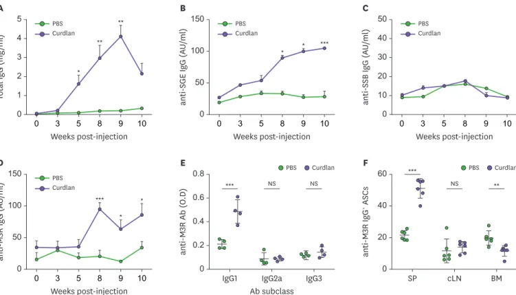 Figure 3. Features of autoantibody production in curdlan-injected SKG mice. SKG mice were injected with curdlan or PBS