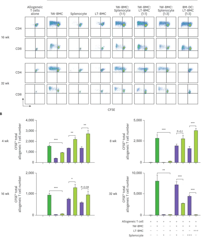 Figure 4. Cells from the extended cultures of BM with GM-CSF are suppressive to MLR. (A) BM cells cultured for 1 wk (1W-BMC) were mixed with either control  syngeneic splenocytes or BM cells cultured long-term (LT-BMC) for 16 or 32 wk and co-cultured with 