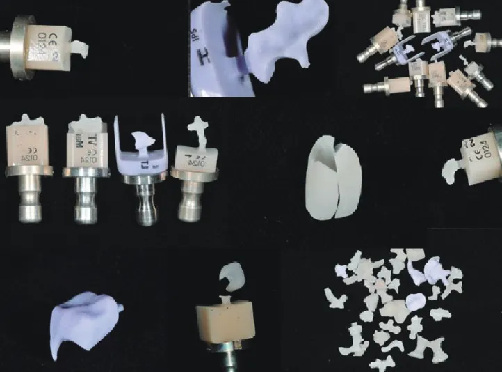 Fig. 2.  CAM파트의 가공과정중 실패한 Glass ceramic 소재의 보철물