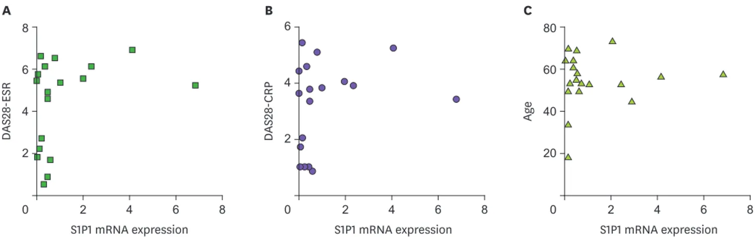 Figure 1. S1P1 mRNA expression in the blood leukocytes of RA patients. The expression of S1P1 mRNA was quantified using qRT-PCR and compared to DAS28-ESR (A),  DAS28-CRP (B) and age (C)