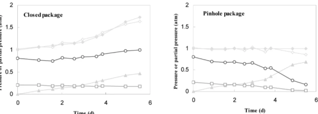 Fig. 7. Headspace atmosphere change of kimchi package with pinhole (4 mm diameter and 31 mm length) stored at 15 o C