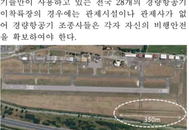Fig. 1 France Toulouse Lasbordes 비행장의 일 반항공 활주로와 경량항공 활주로(길이 350m) 일반적으로  활주로에서의  비행안전확보를  위 하여 활주로 상에 항공기가 완전히 소거되지 않 은 경우 항공기들은 이륙 또는 착륙을 할 수 없 으나, 자율적으로 운영되는 우리나라 경량항공기  이착륙장의  활주로에서는  경량항공기가  완전히  소거되지 않은 상태에서 이륙 또는 착륙이 이루 어지기도 하여 비행안전에 취약함을 볼 수 있다