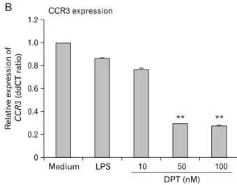 Figure 5. DPT treatment of DCs increased expression of CCR7 and  migration to DLN. DCs were treated with medium or DPT (100 nM)  for 12 h