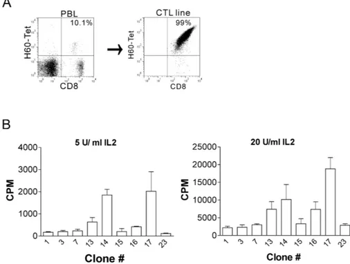 Figure 1. Establishment and characterization of H60-specific CTL clones. (A) Female C57Bl/6 (B6) mice were immunized with splenocytes from male H60 congenic mice, and, then, peripheral blood lymphocytes (PBLs) from the immunized mice were examined to see w