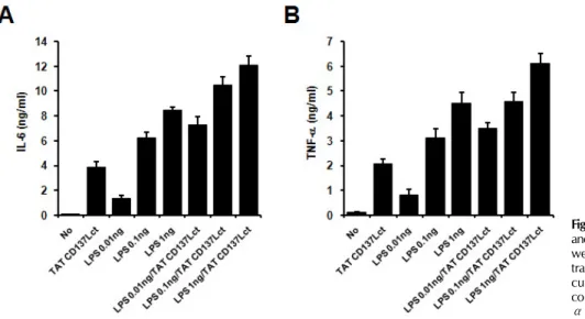 Figure 4. An additive effect of TAT-CD137Lct and LPS. Peritoneal macrophages (1×10 5 ) were treated with indicated  concen-trations of TAT-CD137Lct and LPS and  cultured for 4 h