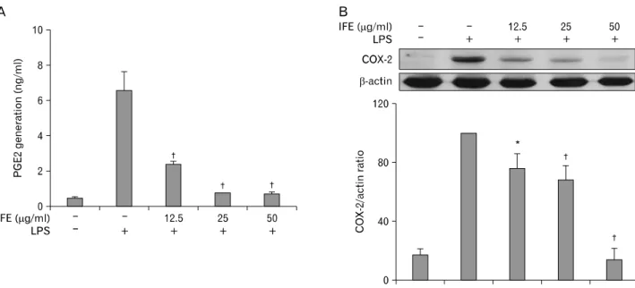 Figure 2. Effect of IFE on PGE 2  generation and COX-2 expression in LPS-treated RAW 264.7 cells